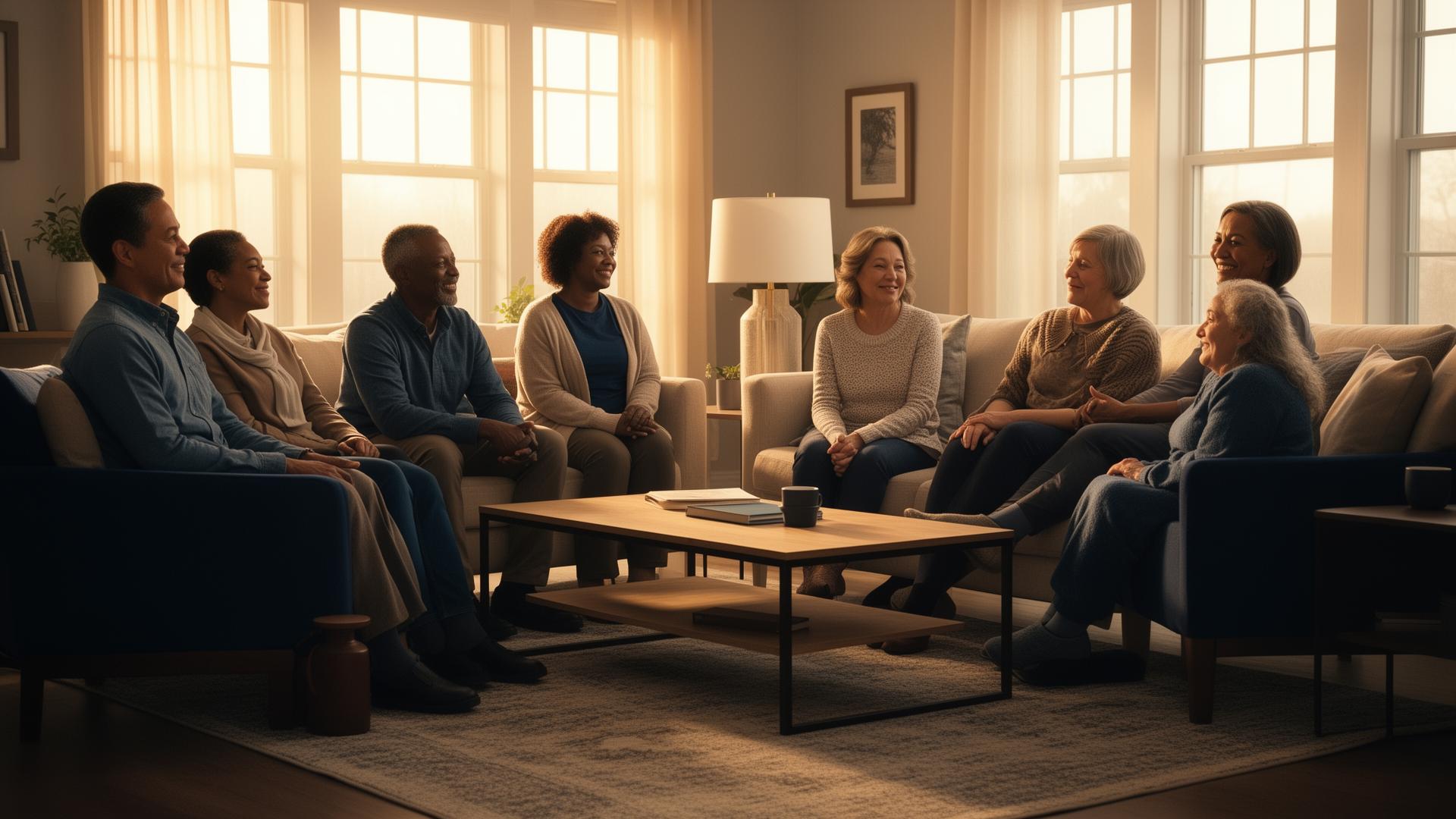 Community of residents in a sunlit living room